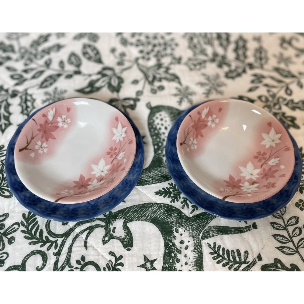 Vintage made in Japan Cherry‎ Blossom Dish Plate Set For 2 Blue & Pink Bamboo